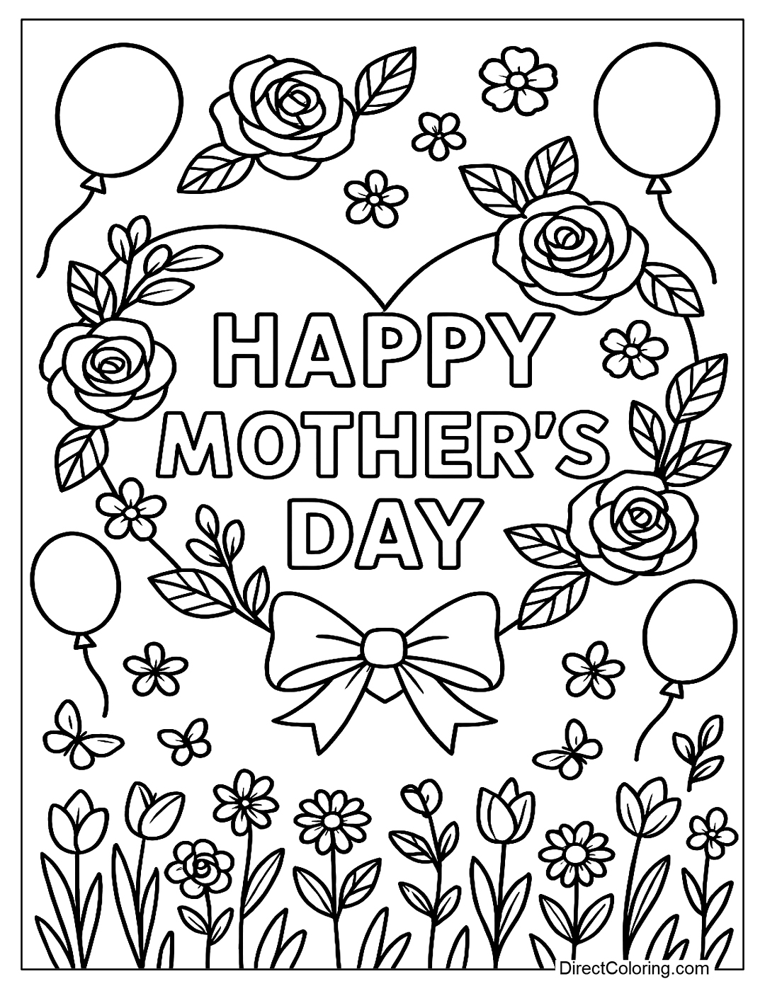coloring page A floral heart made from daisies, roses, orchids, in the middle is the words 